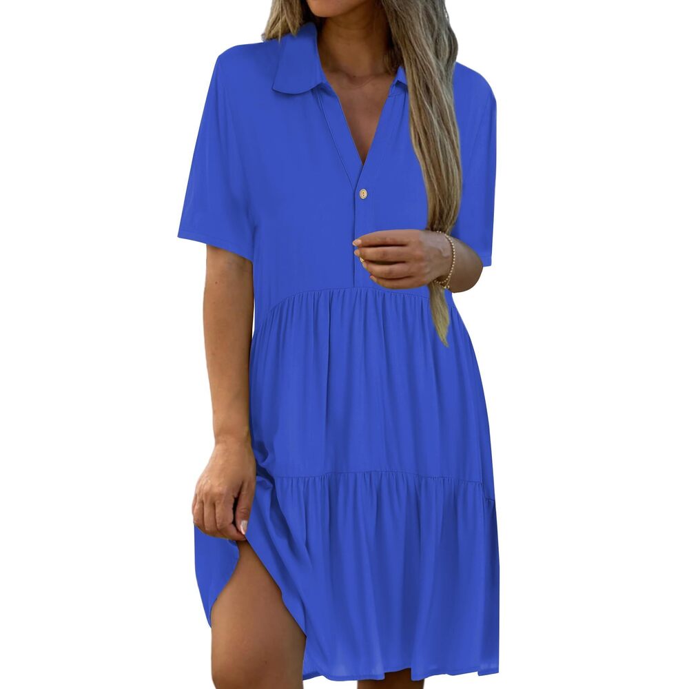 7321 Summer Dresses Blue Loose Fit Casual Button Front Flattering Short
